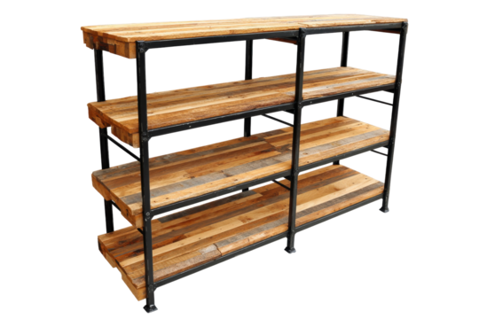 Industrial style four tier shelving unit with wooden planks.