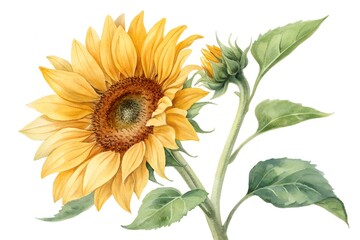 Naklejka premium Vibrant yellow sunflower bloom with green leaves and bud orange brown