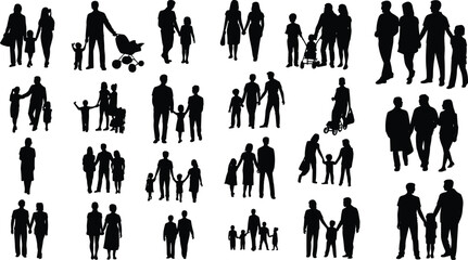Family silhouette vector, parents and children illustration, diverse family group clipart, walking together figures design, happy family flat vector illustration