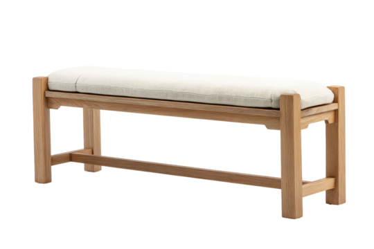 Long wooden bench with a soft white cushion isolated.