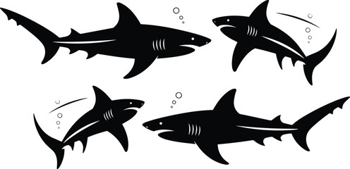 Shark silhouette vector set, aggressive sea predator clipart, ocean fish illustration, swimming sharks design, marine wildlife graphic, flat vector illustration