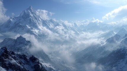 Majestic snow-capped mountain range rising through misty clouds, showcasing a breathtaking panoramic landscape with towering peaks and ethereal morning light creating a sense of serenity and awe-inspi