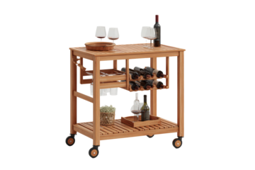 Wooden kitchen trolley bar cart on wheels with wine rack and glasses.