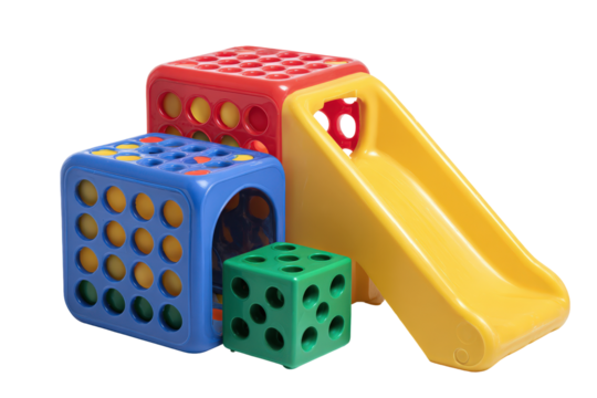 Colorful plastic activity cube playground toy with a yellow slide.