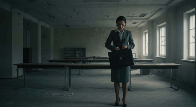 Woman in Suit with Briefcase in Abandoned Classroom