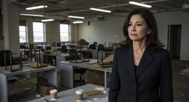 Woman in Suit Stands in Abandoned Office Space
