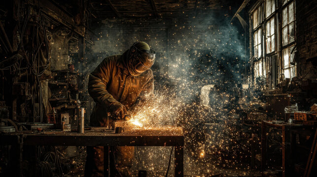 Welder working with sparks in an abandoned factory with dramatic lighting and dust in the air