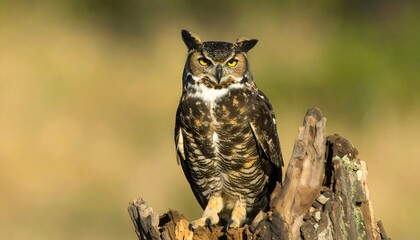 Great Horned Owl perched on a stump