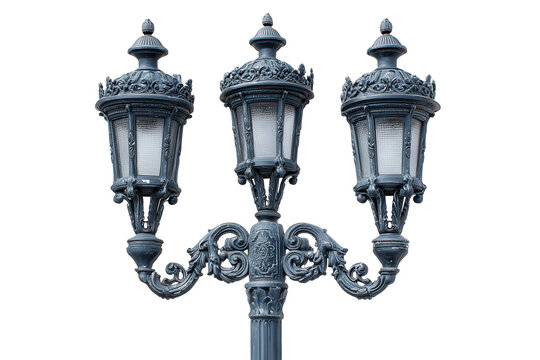Ornate vintage triple head street lamp post isolated. - Powered by Adobe