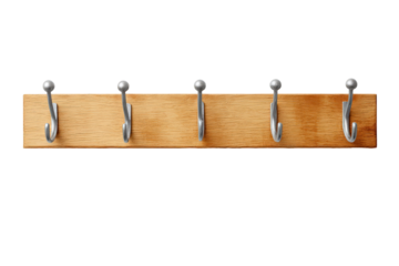 Wooden wall mounted coat rack with five metal hooks.