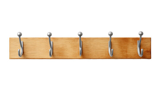 Wooden wall mounted coat rack with five metal hooks.