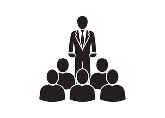 Confident Business Leader Addressing Team:  Simple Black Icon Graphic.