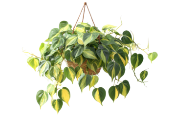 Lush variegated philodendron brasil hanging plant isolated on white.