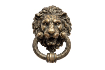 Vintage bronze lion head door knocker with ornate details.