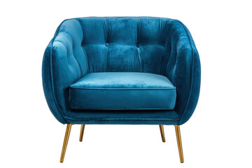 Elegant blue velvet tufted armchair with gold legs.