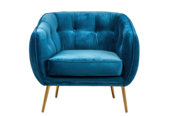 Elegant blue velvet tufted armchair with gold legs.