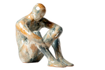 Abstract modern sculpture of a pensive seated person.