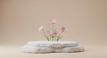 Delicate Pink Flowers on a Stone Pedestal.