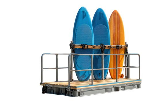 Three Colorful Surfboards Secured in a Metal Storage Rack.