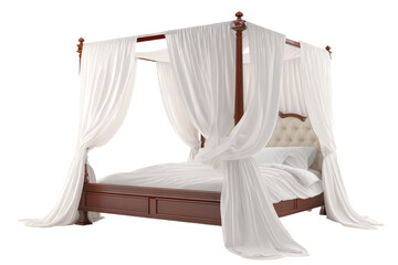 Elegant wooden four poster bed with white canopy curtains.
