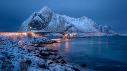 Scenic winter landscape of the atlantic road in norway with northern lights over lofoten islands, snow-covered mountains, and frozen ocean under starry night sky, perfect for travel and nature photogr