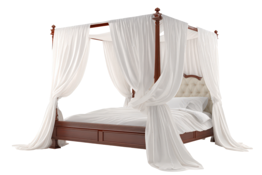 Elegant wooden four poster bed with white canopy curtains.