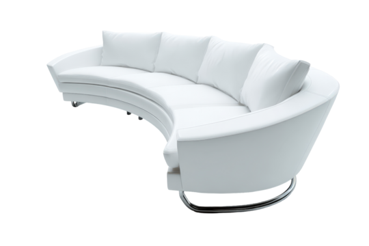 Elegant modern white curved sofa with a sleek metallic base.