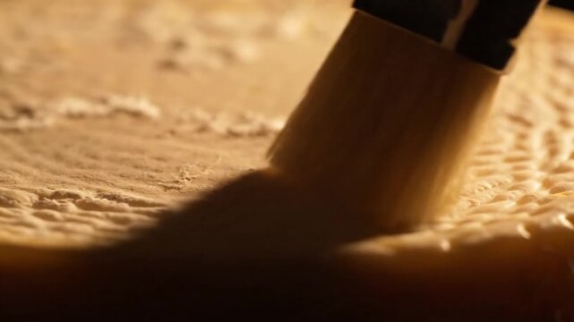 Close-up of a specialized tool meticulously crafting patterns on the surface of a large, textured food block, showcasing the rich, golden-yellow color under dramatic lighting