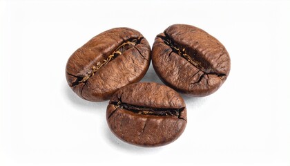 Render three roasted coffee beans with glossy brown surfaces and central grooves, arranged on white background, emphasizing texture, aroma, and artisanal quality of premium coffee ingredients.
