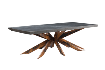 Modern rustic dining table with a dark top and starburst wooden base.