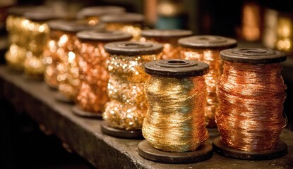 Spools of Metallic Thread on a Shelf