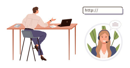 Man at desk interacting with professional woman in headset via online tool. Ideal for support service, remote work, digital communication, customer assistance, technology, online collaboration
