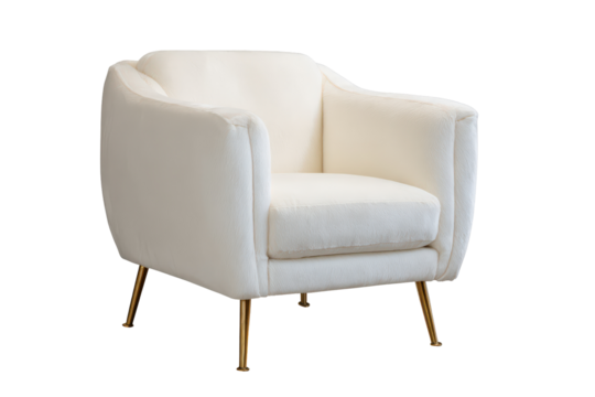 Elegant white armchair with slender gold legs isolated.