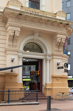 Exterior side view of The Old Bank Arcade, a historical building now a retail and office complex on a corner site on Lambton Quay in the cbd. Taken July 2025.