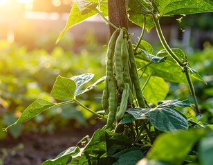 Green beans growing on a vine