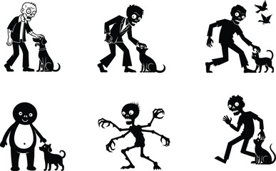Zombie with pets, undead man with dog, horror character with cat, spooky animal companion, creepy silhouette scene, scary zombie friendship