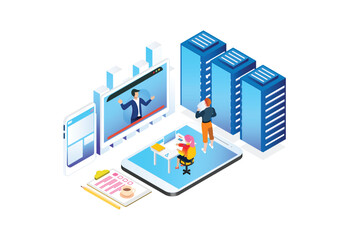 Fototapeta premium Modern Technology Isometric Smart Online Webinar Training Technology Illustration in White Isolated Background With People and Digital Related Asset