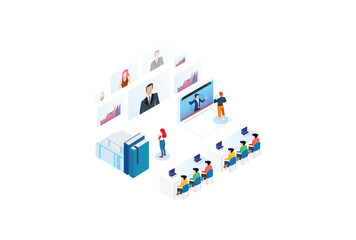 Modern Technology Isometric Smart Online Webinar Training Technology Illustration in White Isolated Background With People and Digital Related Asset