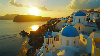 Obraz premium Santorini Greece blue domes white buildings sunset aerial view