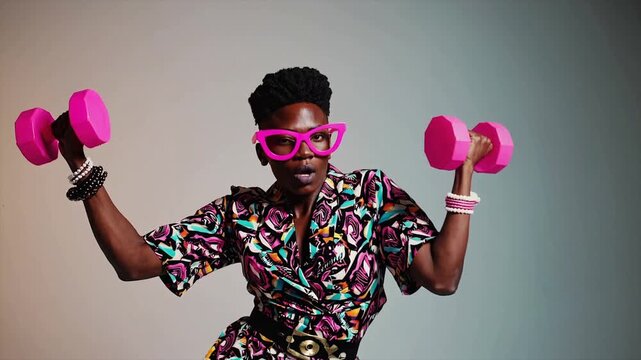 Black Woman with Short Hair Wearing Colorful Kente Outfit Holding Pink Dumbbells with Fun and Joyful Expression