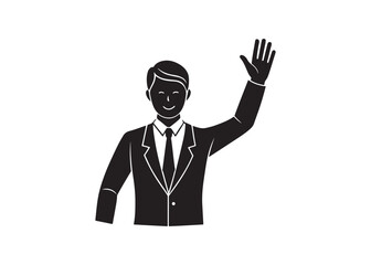Friendly Businessman Waving, Black and White Icon, Professional, Approachable, Corporate Greeting.