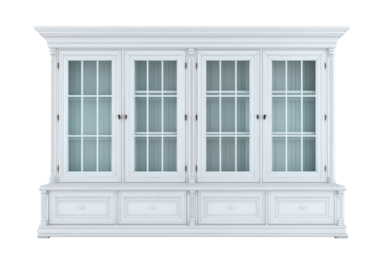 Elegant white wooden display cabinet with four glass doors.