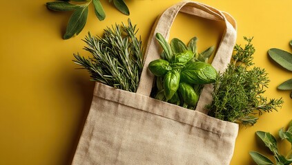 Herbs in a Reusable Bag on Yellow Background