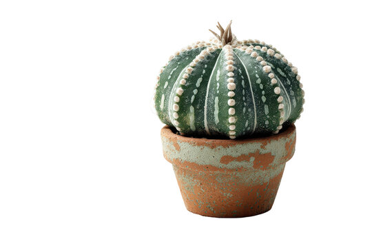 Small round Astrophytum asterias cactus in a rustic pot.
