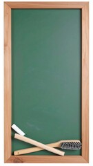 Green chalkboard with cleaning tools