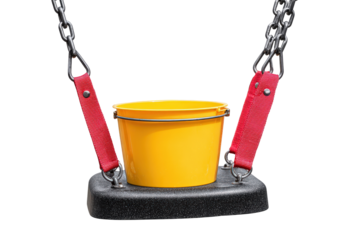 Yellow and black baby bucket swing seat on chains.