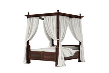 Elegant dark wood four poster canopy bed with white curtains.