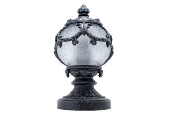 Ornate vintage outdoor post lamp with a frosted glass globe.