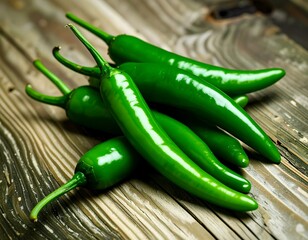 Green chili peppers on a wooden surface