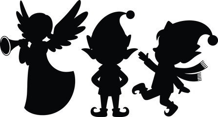 Christmas angel playing trumpet, cheerful Christmas elves silhouettes, festive holiday characters, winter season, joyful celebration, Christmas spirit, holiday decoration, festive costumes.